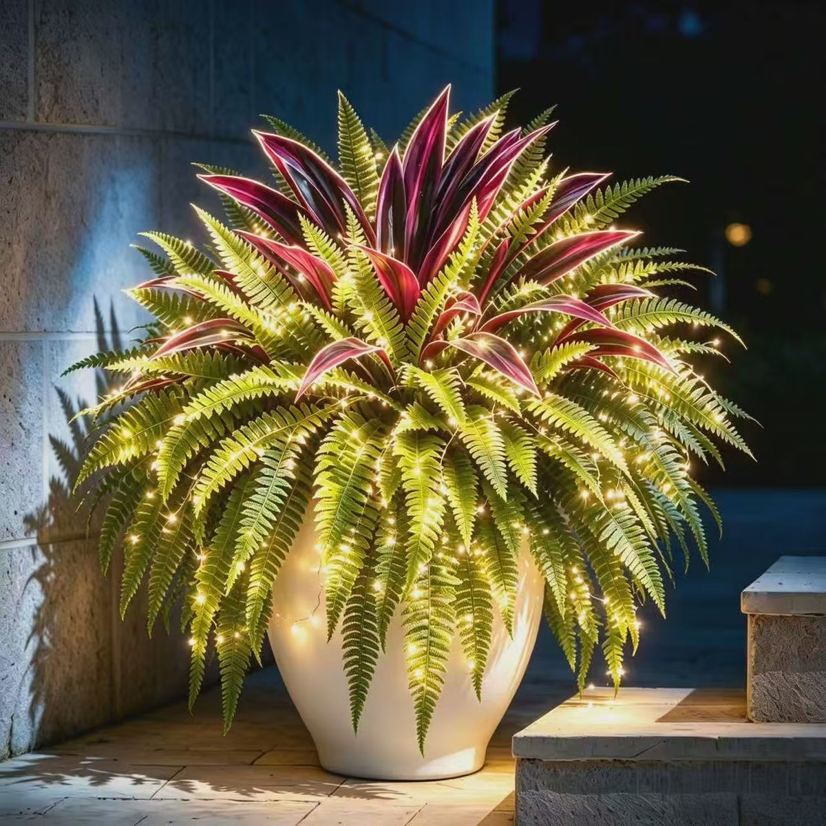 🔥Lighted Artificial Fern and Red Dracaena Decorative Plant– 🌿 Zero Watering, Zero Maintenance