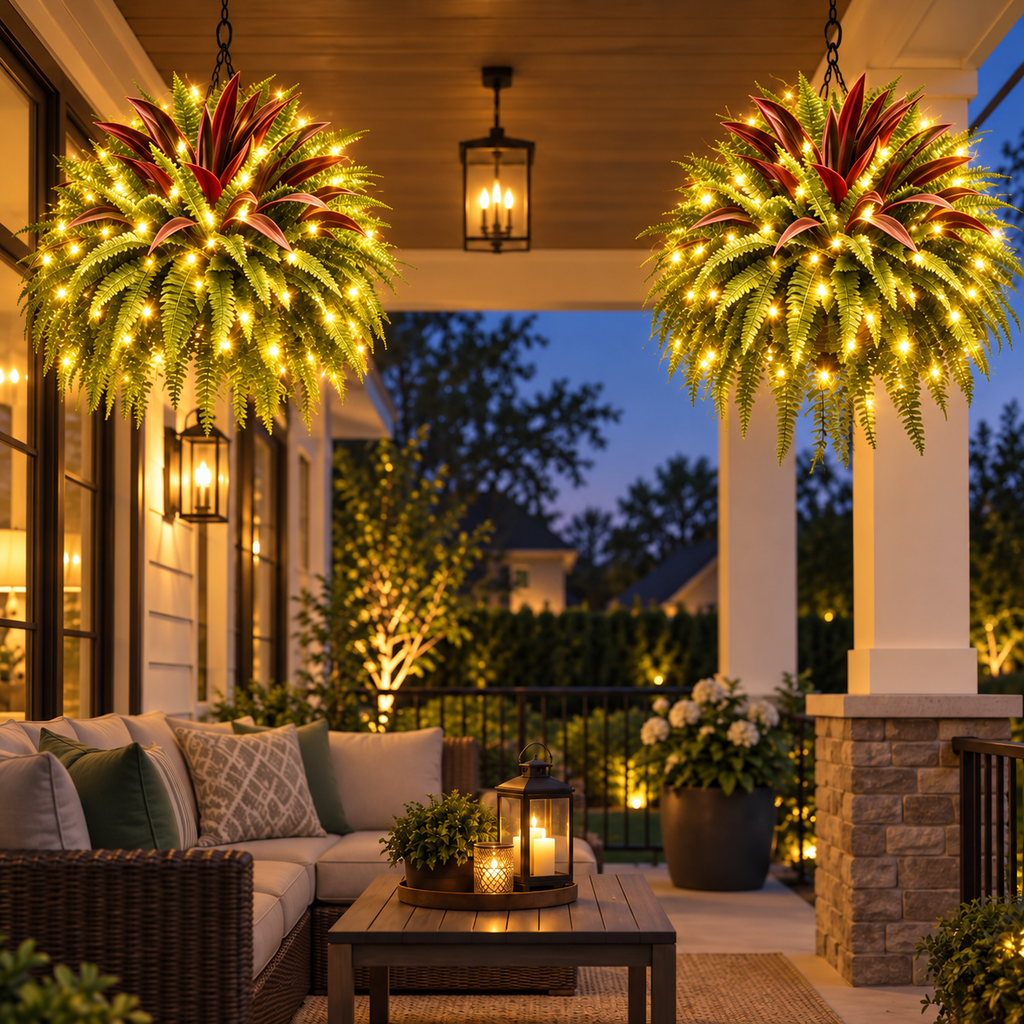 🔥Lighted Artificial Fern and Red Dracaena Decorative Plant– 🌿 Zero Watering, Zero Maintenance